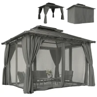 Outsunny 10' x 12' Outdoor Gazebo Canopy, Double Roof Hardtop Gazebo with Polycarbonate Roof, Steel Frame, Nettings and Curtains(m-9)