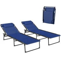 Outsunny 2 Folding Chaise Lounge Pool Chairs with 4-Position Reclining Back, Pillow, Breathable Mesh & Bungee Seat, Blue(m-11)