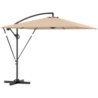 Outsunny Patio Offset Umbrella UPF 50+ UV Protection, Crank Parasol with Base, Cover & Wind Securing, Khaki(m-9)
