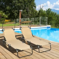 Outsunny 2 Piece Folding Outdoor Chaise Lounges, Pool, Sun, Tanning Chairs with Reclining Back, Sunshade for Beach, Patio, Tan(m-8)
