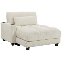 HOMCOM 58" Chaise Lounge Indoor, Oversized Corduroy Sofa Bed with 2 Cup Holders, Pillow, Deep Seat Sleeper Couch, Cream White(m-2)