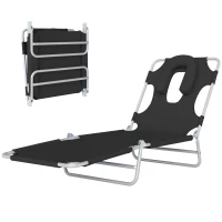 Outsunny Folding Lounge Chair Outdoor, Tanning Chair with Face Hole Arm Slots, Beach Chaise Lounger with Pillow, 5-Position Adjustable Portable Sun Lounger Bed for Pool, Black(m-11)