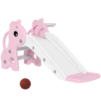 Qaba 3 in 1 Toddler Slide for Age 1-3, Kids Slide with Climber, Basketball Hoop and Ball, Giraffe Design, Pink(m-2)