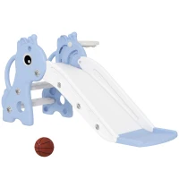 Qaba 3 in 1 Toddler Slide for Age 1-3, Kids Slide with Climber, Basketball Hoop and Ball, Giraffe Design, Blue(m-2)