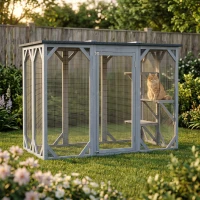PawHut 44.1" H Cat Cage, Indoor Outdoor Wooden Enclosure Pet House, Small Animal Cage Hutch, Suitable for Rabbit, Dogs, Kitten, Crate Kennel with Waterproof Roof, Multi-Level Platforms, Lock, Grey(m-9)