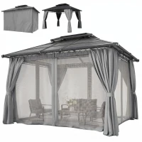 Outsunny 10' x 12' Outdoor Hardtop Gazebo Canopy w/ Double PC Roof, Steel Frame, Nettings, Curtains for Garden Lawn Deck, Grey(m-2)