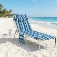 Outsunny Tanning Chair with Face Hole and Side Table, Folding Outdoor Lounge Chair with Carry Straps, Side Pocket, Blue Stripe(m-8)