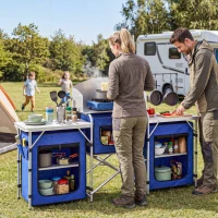 Outsunny Aluminum Camping Kitchen, Portable Folding Camping Table with Fabric Cupboards, Windshield, Bag for BBQ, Picnic, Blue(m-1)