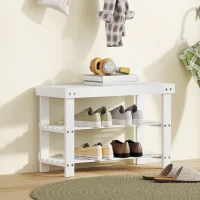 HOMCOM Bamboo Shoe Storage Bench, 3-Tier Entryway Bench with 2 Storage Shelves for Hallway, Holds 6 Pairs, White(m-1)
