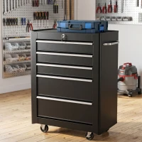 HOMCOM 5-Drawer Rolling Tool Cabinet on Wheels, Lockable Tool Chest, Tool Organizer for Garage, Factory and Workshop, Black(m-8)
