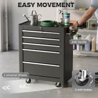 HOMCOM 5-Drawer Rolling Tool Cabinet on Wheels, Lockable Tool Chest, Tool Organizer for Garage, Factory and Workshop, Black(m-6)