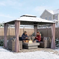 Outsunny 10' x 12' Outdoor Gazebo Canopy, Double Roof Hardtop Gazebo with Polycarbonate Roof, Steel Frame, Nettings and Curtains, for Garden, Lawn, Backyard and Deck, Khaki(m-10)