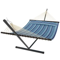Outsunny Hammock with Stand Heavy Duty Camping Hammock with Steel Frame for Patio Backyard Blue and White(m-9)