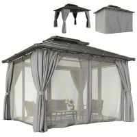 Outsunny 10' x 12' Outdoor Hardtop Gazebo Canopy w/ Double PC Roof, Steel Frame, Nettings, Curtains for Garden Lawn Deck, Grey(m-9)