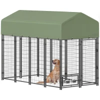 PawHut 8' x 4' x 6' Outdoor Dog Kennel, Dog Kennel Outside Run with 360° Rotating Bowls, Waterproof & UV Resistant Cover Green(m-9)