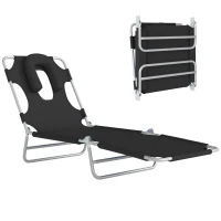 Outsunny Folding Lounge Chair Outdoor, Tanning Chair with Face Hole Arm Slots, Beach Chaise Lounger with Pillow, 5-Position Adjustable Portable Sun Lounger Bed for Pool, Black(m-2)