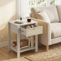 HOMCOM End Table Set of 2 with Charging Station, Bed Side Tables Set with Drawer, Storage Shelf for Living Room, Natural Wood(m-9)