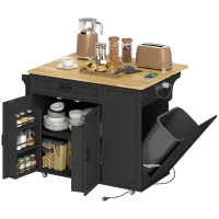 HOMCOM Kitchen Island Cart, Portable Kitchen Island Table with Charging Station, Rubber Wood Drop Leaf, Trash Storage, Black(m-9)