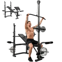 Soozier Adjustable Weight Bench with Bench Press Rack, Preacher Curl Bench, Leg Extension and Lat Pull Down(m-9)