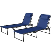 Outsunny 2 Folding Chaise Lounge Pool Chairs with 4-Position Reclining Back, Pillow, Breathable Mesh & Bungee Seat, Blue(m-1)
