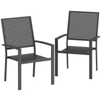 Outsunny Stackable Patio Chairs Set of 2, Outdoor Dining Chairs with Faux Wicker Steel Mesh Back, Slatted Seat, Armrests, Black(m-9)