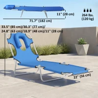Outsunny Folding Lounge Chair Outdoor, Tanning Chair with Face Hole Arm Slots, Beach Chaise Lounger with Pillow, 5-Position Adjustable Portable Sun Lounger Bed for Pool, Blue(m-3)