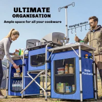 Outsunny Aluminum Camping Kitchen, Portable Folding Camping Table with Fabric Cupboards, Windshield, Bag for BBQ, Picnic, Blue(m-5)