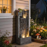 Outsunny Outdoor Water Fountain with LED Lights and Planter, 3-Tier Modern Cascading Waterfall Feature with Pump, Dark Grey(m-8)