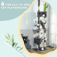 PawHut 91"-98" Floor to Ceiling Cat Tree with 2 Condos, Hammock and Sisal Scratching Posts, for Indoor, Dark Grey(m-6)