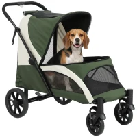 PawHut Foldable Pet Stroller for Medium Dogs with Four Big Wheels, Shock-Absorbing Frame, Safety Leashes, Brakes, Dark Green(m-9)