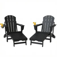 Outsunny Folding Adirondack Chair Set of 2, HDPE Fire Pit Chair with Retractable Ottoman and Cup Holder, Black(m-1)