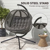 Outsunny Double Egg Chair with Stand, 2 Person Hanging Swing Egg Chair with Cushion, Pockets, Grey(m-7)