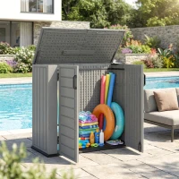 Outsunny 33 Cu.ft Plastic Outdoor Storage Shed, Storage Cabinet Tool Box with Lockable Double Doors and Flip-Top Lid Light Grey(m-1)