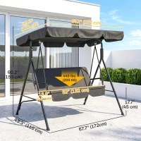 Outsunny 3-Seater Outdoor Porch Swing with Adjustable Canopy, Patio Swing Chair for Garden, Poolside, Backyard, Black(m-3)