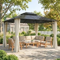 Outsunny 10' x 12' Outdoor Gazebo Canopy, Double Roof Hardtop Gazebo with Polycarbonate Roof, Steel Frame, Nettings and Curtains(m-1)