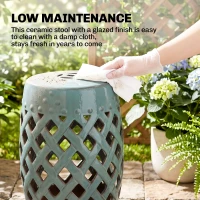 Outsunny 12.4" x 17.9" Ceramic Garden Stool with Woven Lattice Design, Indoor & Outdoor Decorative Accent Stool, Blue(m-7)