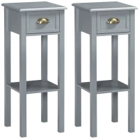 HOMCOM Bedside Table Set of 2, Narrow Side Table with Drawer and Shelf, 2 Tier Tall Nightstand for Bedroom, Grey(m-2)
