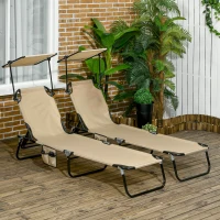 Outsunny 2 Piece Folding Outdoor Chaise Lounges, Pool, Sun, Tanning Chairs with Reclining Back, Sunshade for Beach, Patio, Tan(m-1)