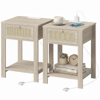 HOMCOM End Table Set of 2 with Charging Station, Bed Side Tables Set with Drawer, Storage Shelf for Living Room, Natural Wood(m-1)