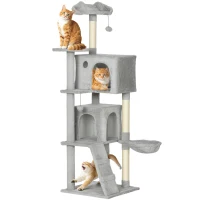 PawHut 63 Inch Cat Tree with Sisal Scratching Posts, Condos, Plush Perches, Hammock, Ladder, Dangling Balls, Light Grey(m-9)