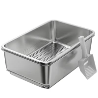 PawHut Stainless Steel Litter Box, XL Sifting Cat Litter Box for Medium and Large Cat, Non-Sticky, Odour Free, Easy Clean(m-2)