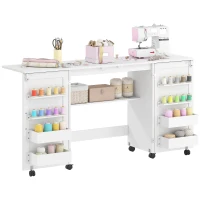HOMCOM Folding Craft Table, Rolling Sewing Machine Table with Magnetic Doors, Bins, Pegs, Storage Shelf, Lockable Wheels, White(m-9)