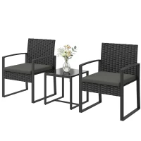 Outsunny Outdoor Bistro Set, 3 Piece Wicker Patio Furniture Set with Glass Top Table and Cushions for Porch, Balcony, Dark Grey(m-2)