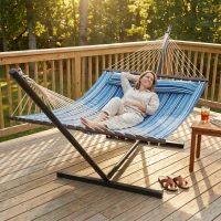 Outsunny Hammock with Stand Heavy Duty Camping Hammock with Steel Frame for Patio Backyard Blue and White(m-1)