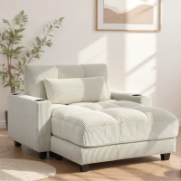 HOMCOM 58" Chaise Lounge Indoor, Oversized Corduroy Sofa Bed with 2 Cup Holders, Pillow, Deep Seat Sleeper Couch, Cream White(m-8)