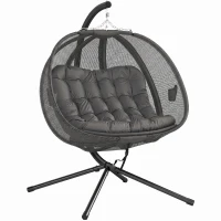 Outsunny Double Egg Chair with Stand, 2 Person Hanging Swing Egg Chair with Cushion, Pockets, Grey(m-9)
