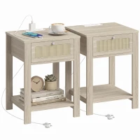 HOMCOM End Table Set of 2 with Charging Station, Bed Side Tables Set with Drawer, Storage Shelf for Living Room, Natural Wood(m-11)