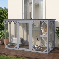 PawHut 44.1" H Cat Cage, Indoor Outdoor Wooden Enclosure Pet House, Small Animal Cage Hutch, Suitable for Rabbit, Dogs, Kitten, Crate Kennel with Waterproof Roof, Multi-Level Platforms, Lock, Grey(m-1)