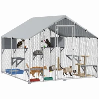 PawHut 94.5" Extra Large Metal Outdoor Catio with Waterproof Cover, 2 Resting Boxes, 7 Platforms, for Multiple Rabbits, Chicken(m-9)