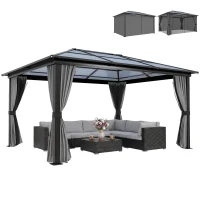 Outsunny 12' x 15' Hardtop Gazebo Canopy with Polycarbonate Roof, Aluminum Frame, Netting, Curtains and Ceiling Hook, Dark Grey(m-9)
